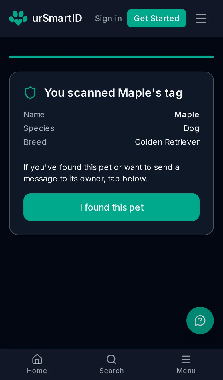 The page a stranger sees after scanning Maple's tag: her name, species and breed, and an 'I found this pet' button.