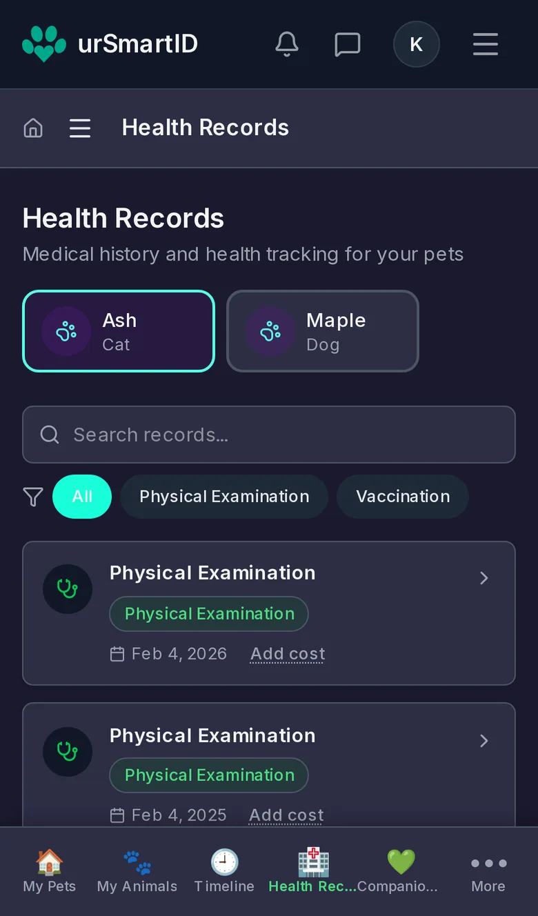 The Health Records screen on a phone, listing physical examinations and vaccinations with their dates.