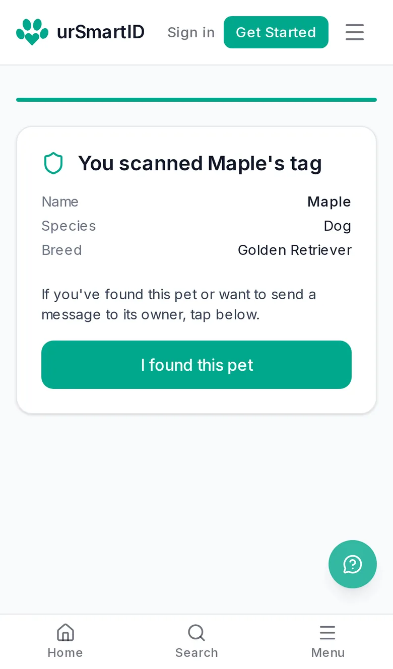 The page a stranger sees after scanning Maple's tag: her name, species and breed, and an 'I found this pet' button.