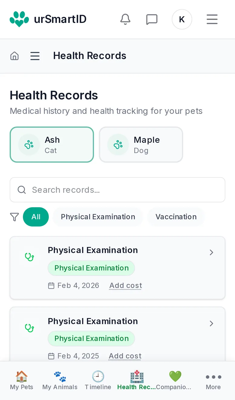 The Health Records screen on a phone, listing physical examinations and vaccinations with their dates.